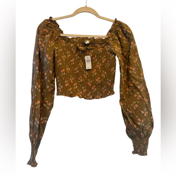 Aerie smocked bodice floral Crop Blouse XS cottage core NWT Boho puff fairy - Picture 2 of 8
